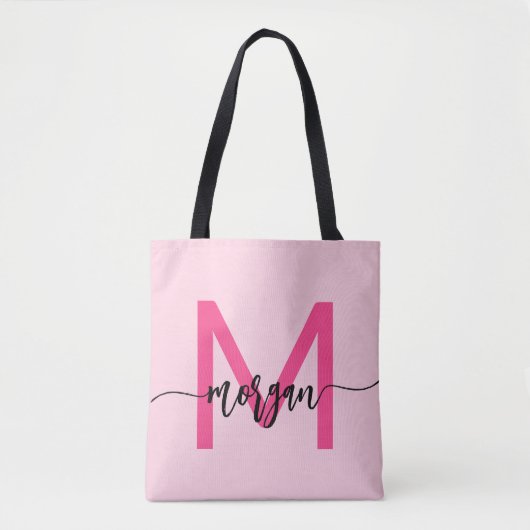 Hot Pink Modern Script Girly Monogram Naam Tote Bag (Voorkant)