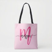 Hot Pink Modern Script Girly Monogram Naam Tote Bag (Voorkant)