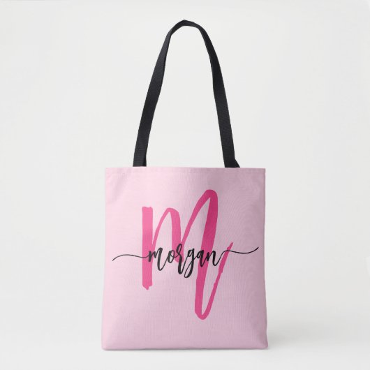 Hot Pink Modern Script Girly Monogram Naam Tote Bag (Voorkant)