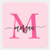 Hot Pink Modern Script Girly Monogram Naam Vierkante Sticker (Voorkant)