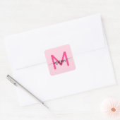 Hot Pink Modern Script Girly Monogram Naam Vierkante Sticker (Envelop)