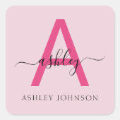 Hot Pink Modern Script Girly Monogram Naam Vierkante Sticker (Voorkant)