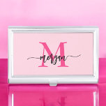 Hot Pink Modern Script Girly Monogram Naam Visitekaarthouder<br><div class="desc">Maak een professionele verklaring met onze Hot Pink Modern Script Girly Monogram Naam Business Card Case! Dit slanke en stijlvolle hoesje heeft een opvallend roze design, gepersonaliseerd met jouw naam in een stijlvol, eigentijds script voor een chique touch op maat. Het is ideaal voor het dragen en beschermen van uw...</div>