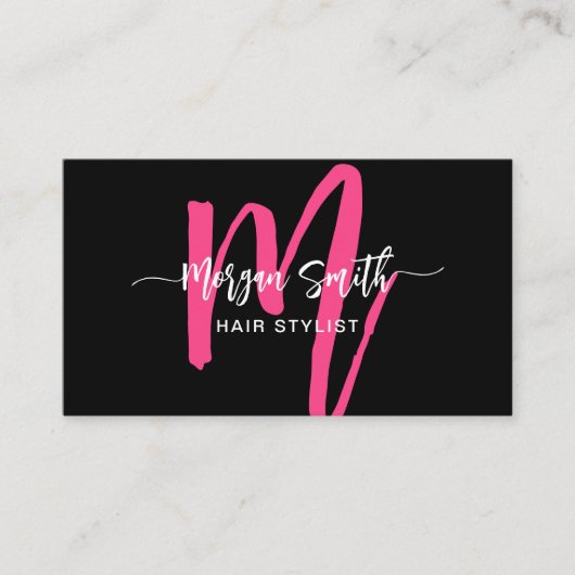 Hot Pink Modern Script Girly Monogram Naam Visitekaartje (Voorkant)