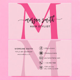 Hot Pink Modern Script Girly Monogram Naam Visitekaartje