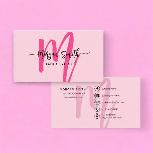 Hot Pink Modern Script Girly Monogram Naam Visitekaartje