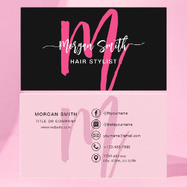 Hot Pink Modern Script Girly Monogram Naam Visitekaartje