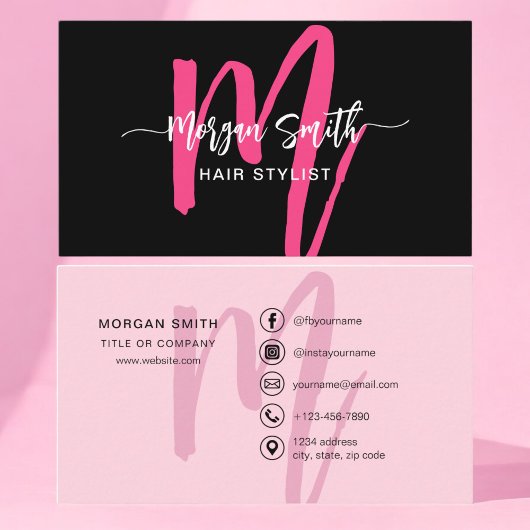 Hot Pink Modern Script Girly Monogram Naam Visitekaartje