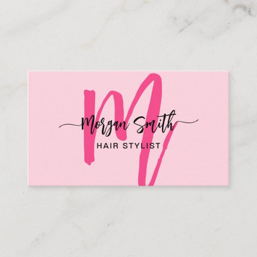 Hot Pink Modern Script Girly Monogram Naam Visitekaartje (Voorkant)