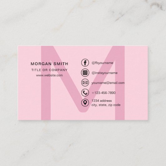 Hot Pink Modern Script Girly Monogram Naam Visitekaartje (Achterkant)