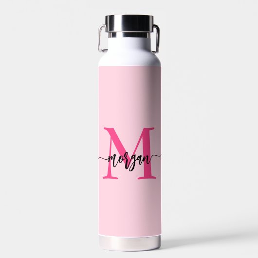 Hot Pink Modern Script Girly Monogram Naam Waterfles (Voorkant)