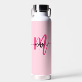 Hot Pink Modern Script Girly Monogram Naam Waterfles (Voorkant)