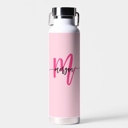 Hot Pink Modern Script Girly Monogram Naam Waterfles (Voorkant)