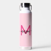 Hot Pink Modern Script Girly Monogram Naam Waterfles (Voorkant)