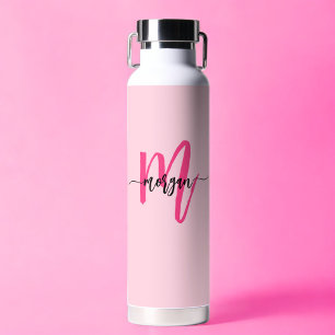 Hot Pink Modern Script Girly Monogram Naam Waterfles