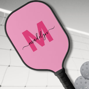 Hot Pink Modern Script Naam Girly Monogram Pickleball Paddle