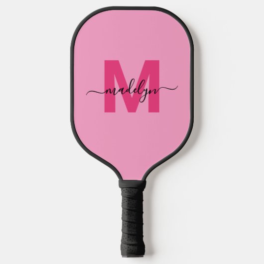 Hot Pink Modern Script Naam Girly Monogram Pickleball Paddle (Voorkant)