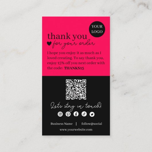 Hot Pink Modern Script QR-code, bedankt Visitekaartje (Achterkant)