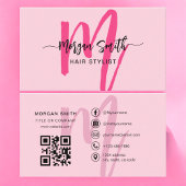 Hot Pink Modern Script QR Code Monogram Naam Visitekaartje