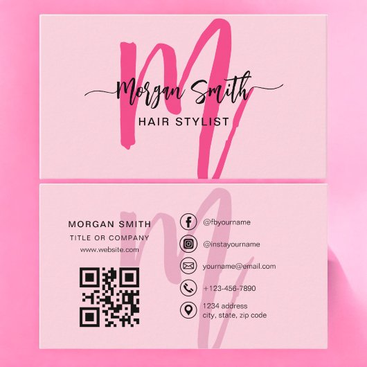 Hot Pink Modern Script QR Code Monogram Naam Visitekaartje