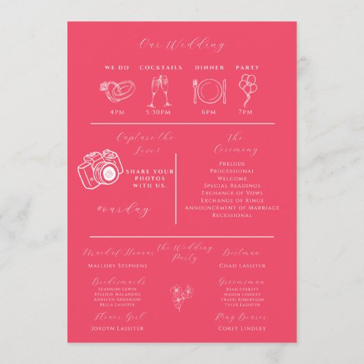 Hot Pink Modern Wedding Infographic Programma Programmakaart (Achterkant)