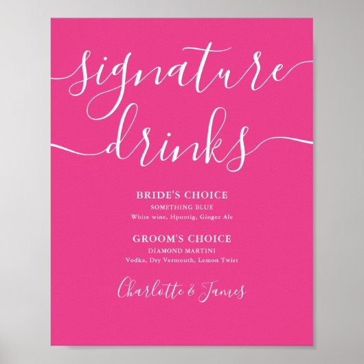 Hot Pink Modern Wedding Signature Drinken Sign Poster (Voorkant)