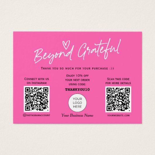 Hot Pink Moderne Script QR-code voor script bedank Visitekaartje (Voorkant)