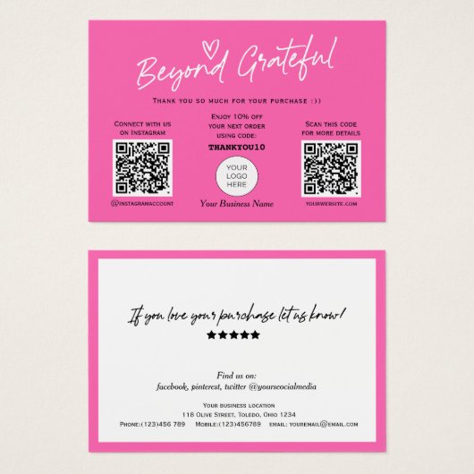 Hot Pink Moderne Script QR-code voor script bedank Visitekaartje (Voorkant /achterkant)