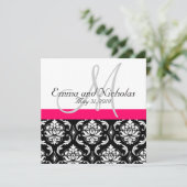 Hot PInk Monogram Damask Wedding Invitation Kaart (Staand voorkant)