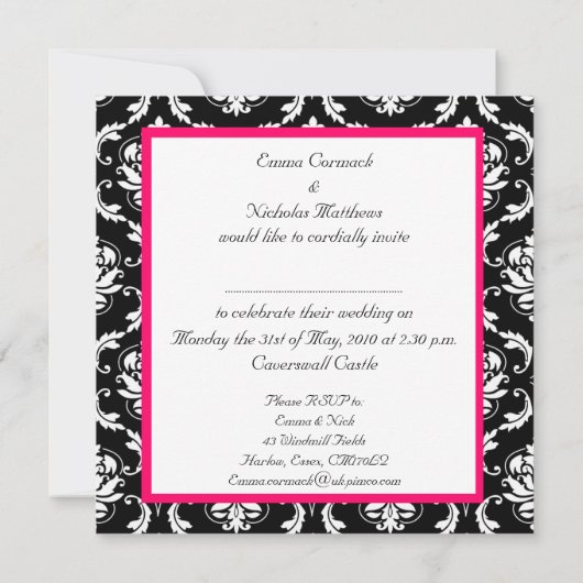 Hot PInk Monogram Damask Wedding Invitation Kaart (Achterkant)