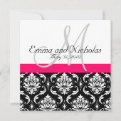 Hot PInk Monogram Damask Wedding Invitation Kaart (Voorkant)