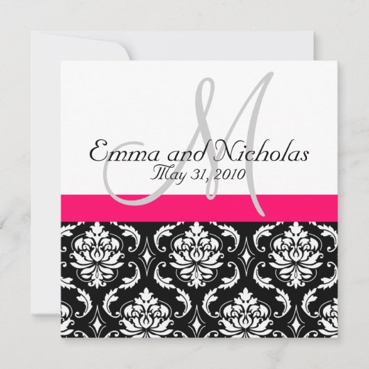 Hot PInk Monogram Damask Wedding Invitation Kaart (Voorkant)