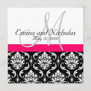 Hot PInk Monogram Damask Wedding Invitation Kaart