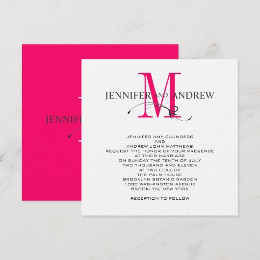 Hot Pink Monogram en Names Wedding Invitation Kaart (Voorkant / Achterkant)