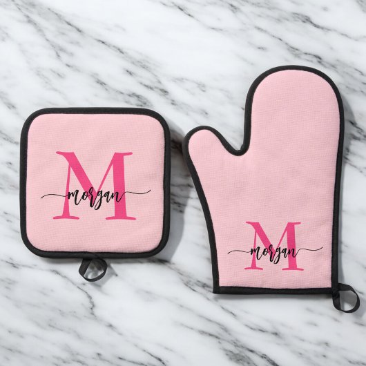 Hot Pink Monogram Meisje Keukenscript Ovenwant & Pannenlap Set