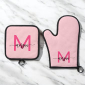 Hot Pink Monogram Meisje Keukenscript Ovenwant & Pannenlap Set