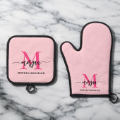 Hot Pink Monogram Meisje Keukenscript Ovenwant & Pannenlap Set
