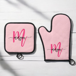 Hot Pink Monogram Meisje Keukenscript Ovenwant & Pannenlap Set