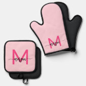 Hot Pink Monogram Meisje Keukenscript Ovenwant & Pannenlap Set (Voorkant / Achterkant)