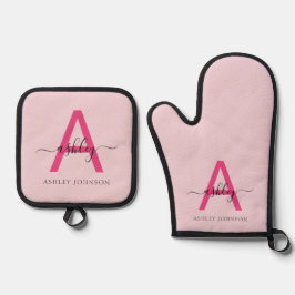 Hot Pink Monogram Meisje Keukenscript Ovenwant & Pannenlap Set