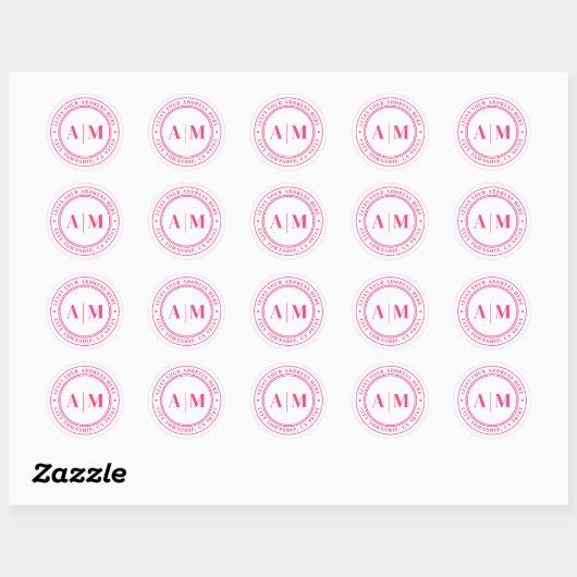 Hot Pink Monogram Return Address Ronde Sticker (Vel)