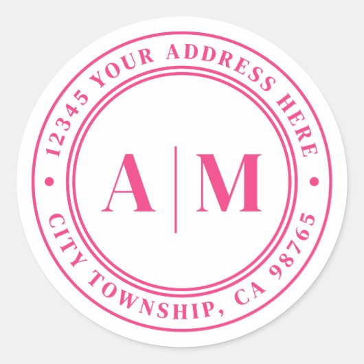 Hot Pink Monogram Return Address Ronde Sticker (Voorkant)