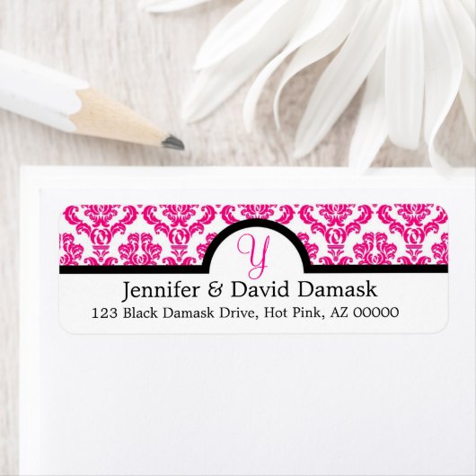 Hot Pink Monogram Y Damask Wedding Etiket (Insitu)