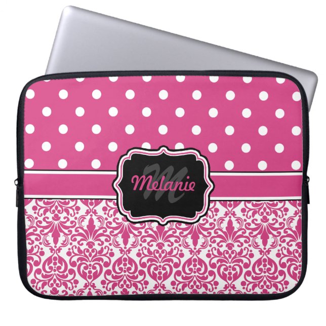 Hot Pink Monogrammed Damask Polka Dot Laptop Sleeve (Voorkant)