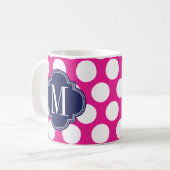 Hot Pink & Navy Big Polka Dots Monogramed Koffiemok (Voorkant links)