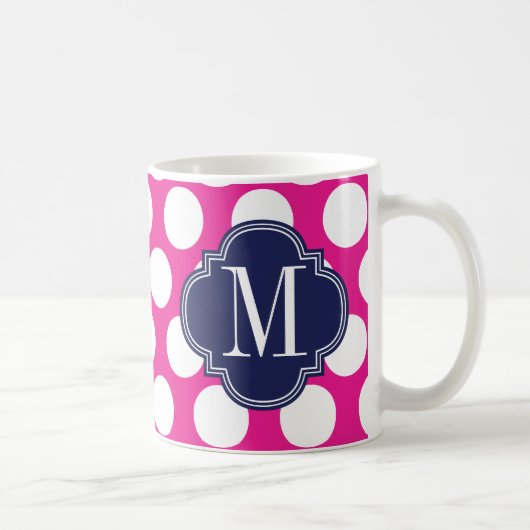 Hot Pink & Navy Big Polka Dots Monogramed Koffiemok (Rechts)
