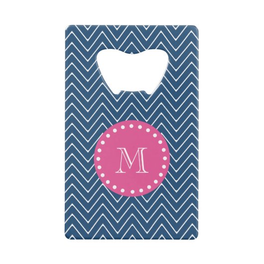 Hot Pink, Navy Blue Chevron | Uw monogram Creditkaart Flessenopener (Voorkant)