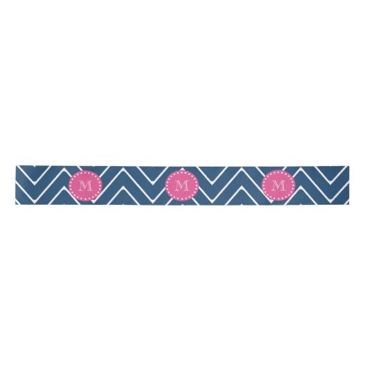 Hot Pink, Navy Blue Chevron | Uw monogram Satijnen Lint (Voorkant)