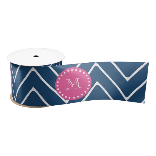 Hot Pink, Navy Blue Chevron | Uw monogram Satijnen Lint (Spoel)