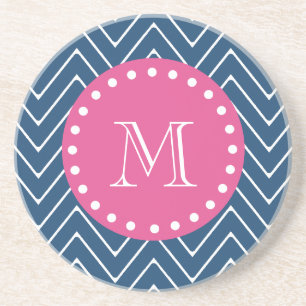 Hot Pink, Navy Blue Chevron   Uw monogram Zandsteen Onderzetter